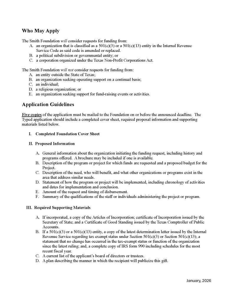 Application Guidelines Full Page – Smith Foundation Hill County